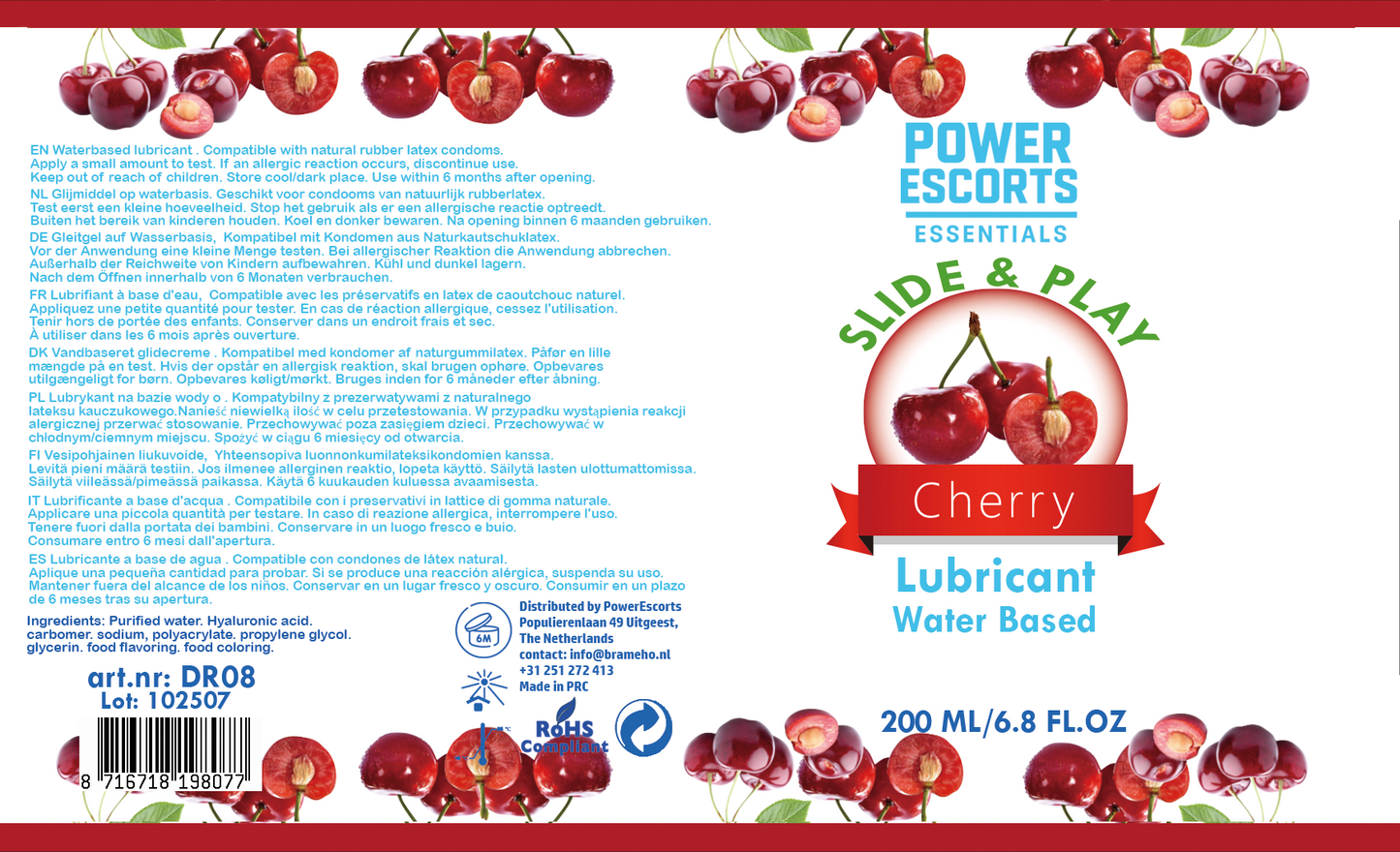 Power Escorts - DR08 - Cherry Water-Based Lubricant 200ml – Slide & Play Personal Lube
