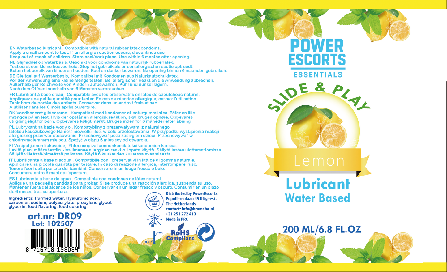 Power Escorts - DR09 -  Lemon Water-Based Lubricant 200ml – Slide & Play Personal Lube