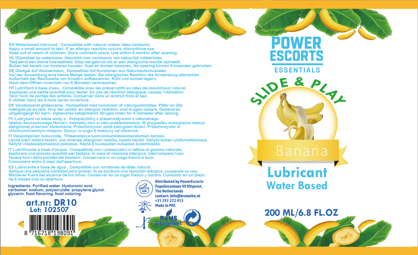 Power Escorts - DR10 - Banana Water-Based Lubricant 200ml – Slide & Play Personal Lube