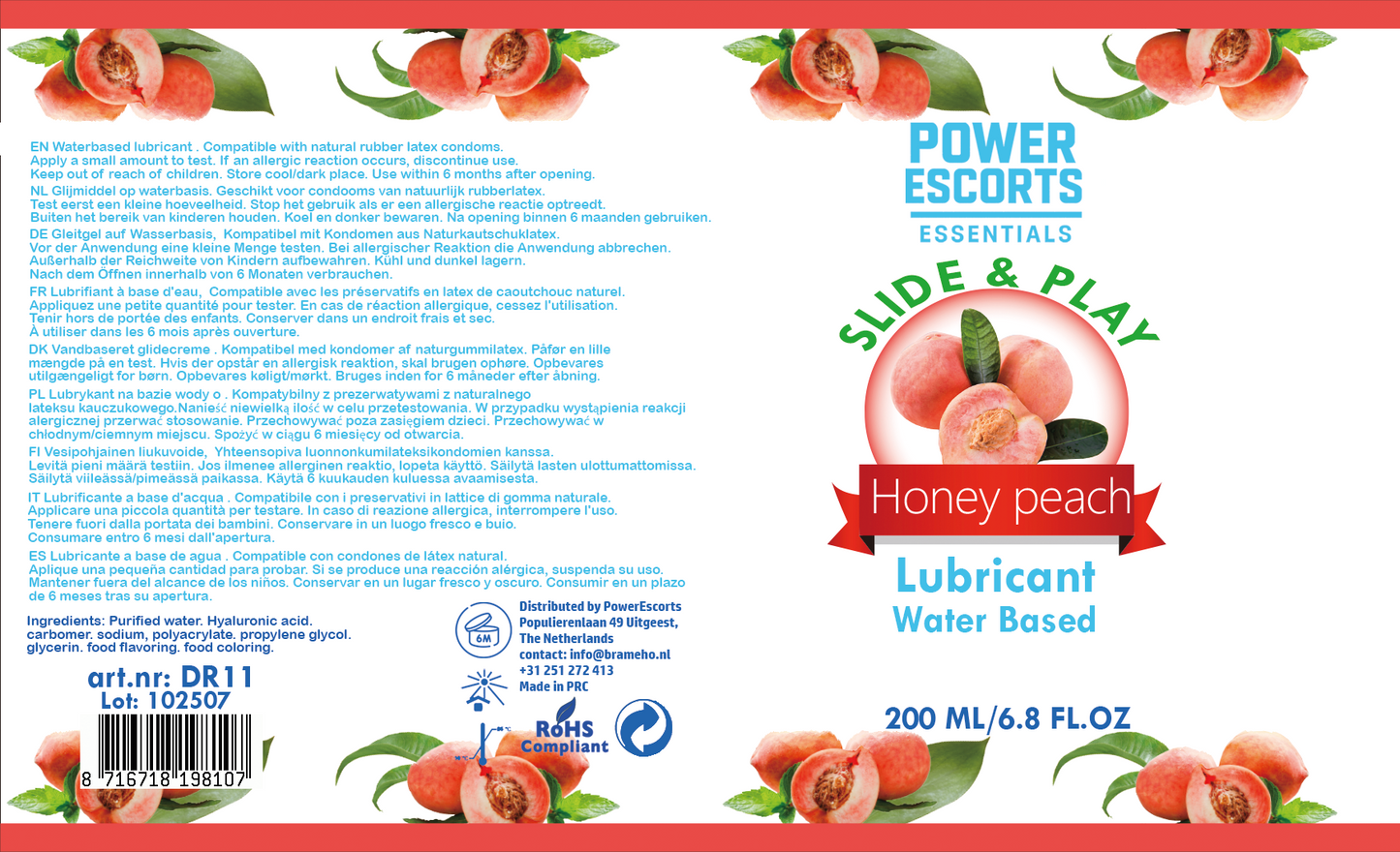 Power Escorts - DR11 - Honey Peach Water-Based Lubricant 200ml – Slide & Play Personal Lube