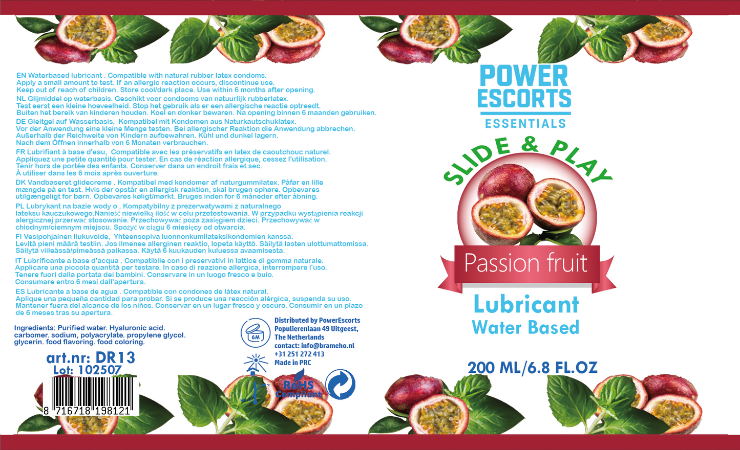 Power Escorts - DR13 - Passion Fruit Water-Based Lubricant 200ml – Slide & Play Personal Lube