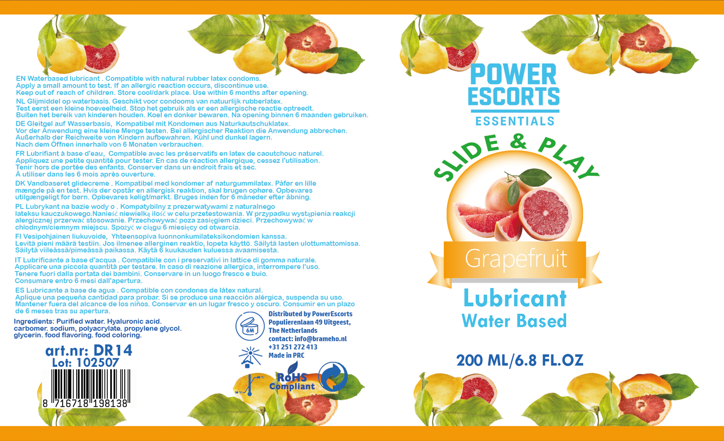 Power Escorts - DR14 - Grape Fruit Water-Based Lubricant 200ml – Slide & Play Personal Lube