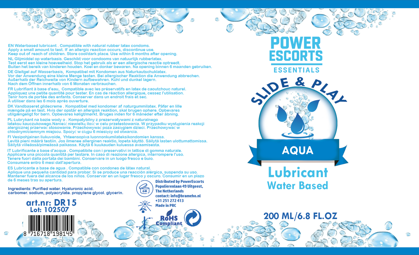 Power Escorts - DR15 - Water Based Lubricant 200ml – Slide & Play Personal Lube