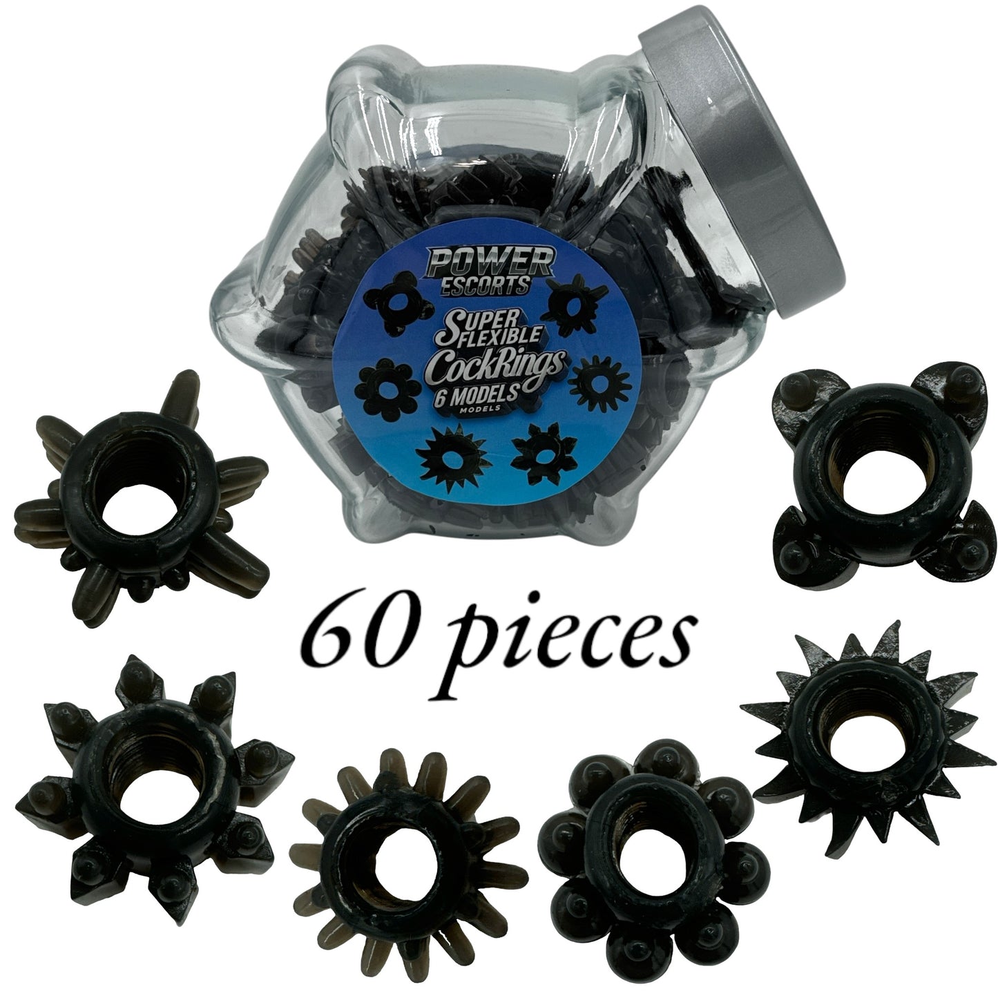 Power Escorts - BR290 - 60 pcs In Clear Jar Texture Cockring - Black - Extra Stretchable