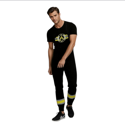 Fireman Costume – Black with Yellow Stripes Suit Includes Large Cap – Sizes M / L / XL