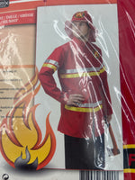 Sexy Firefighter Costume for Men – Red Jacket with Fire Print & Soft Helmet Design Hat