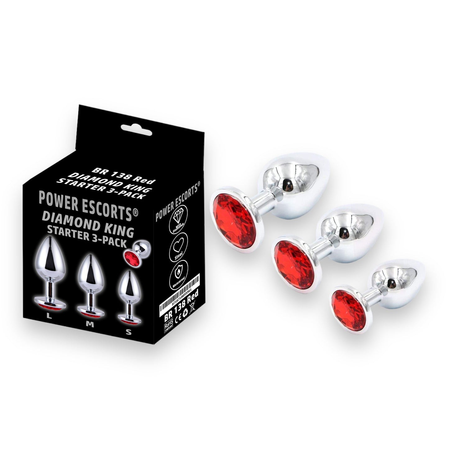 Power Escorts - BR138 - Metallic Anal Plug With Stone - 3 Pack - Colour Box- 6 Colours