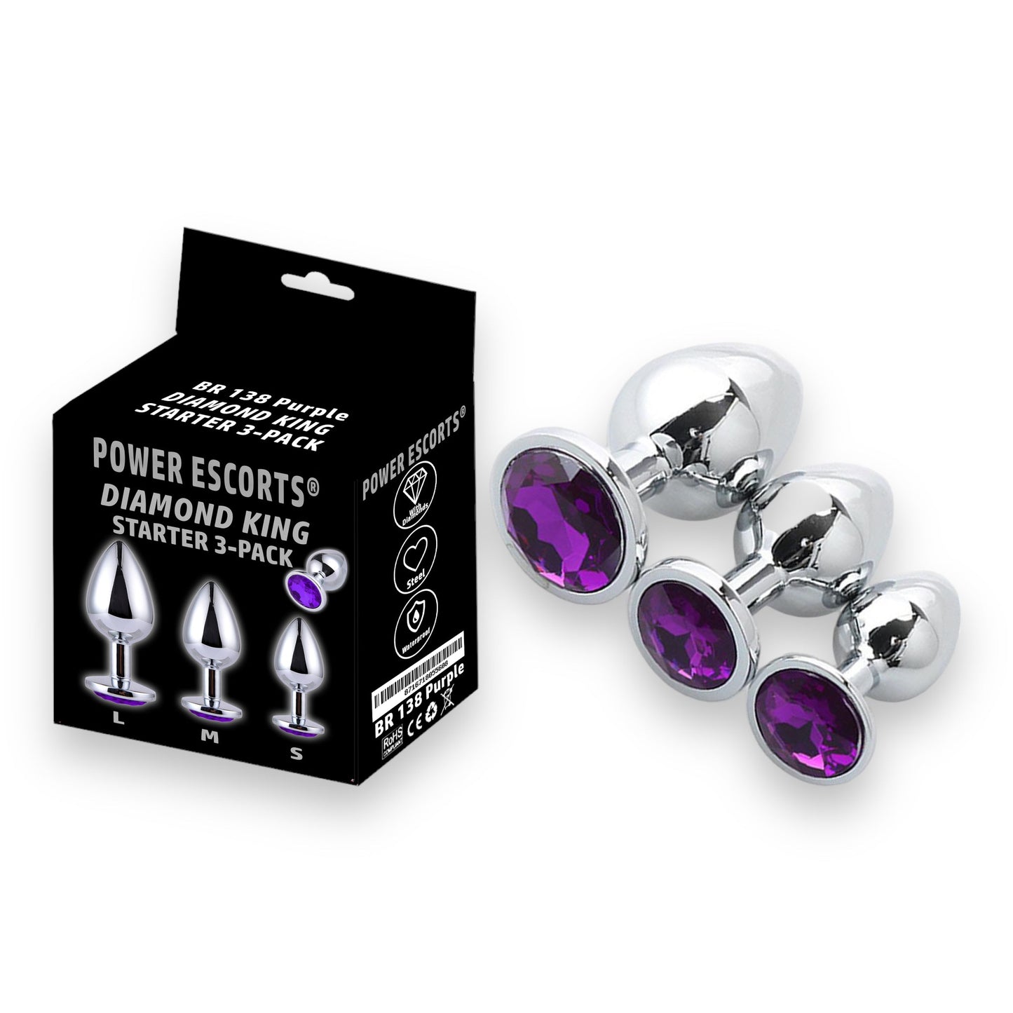 Power Escorts - BR138 - Metallic Anal Plug With Stone - 3 Pack - Colour Box- 6 Colours