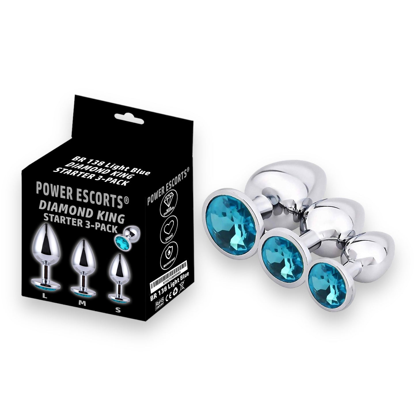 Power Escorts - BR138 - Metallic Anal Plug With Stone - 3 Pack - Colour Box- 6 Colours