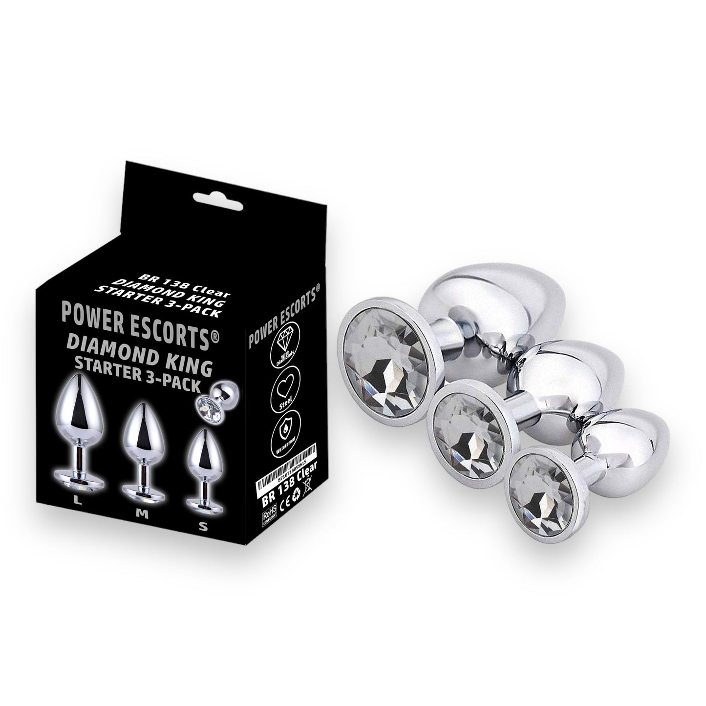 Power Escorts - BR138 - Metallic Anal Plug With Stone - 3 Pack - Colour Box- 6 Colours