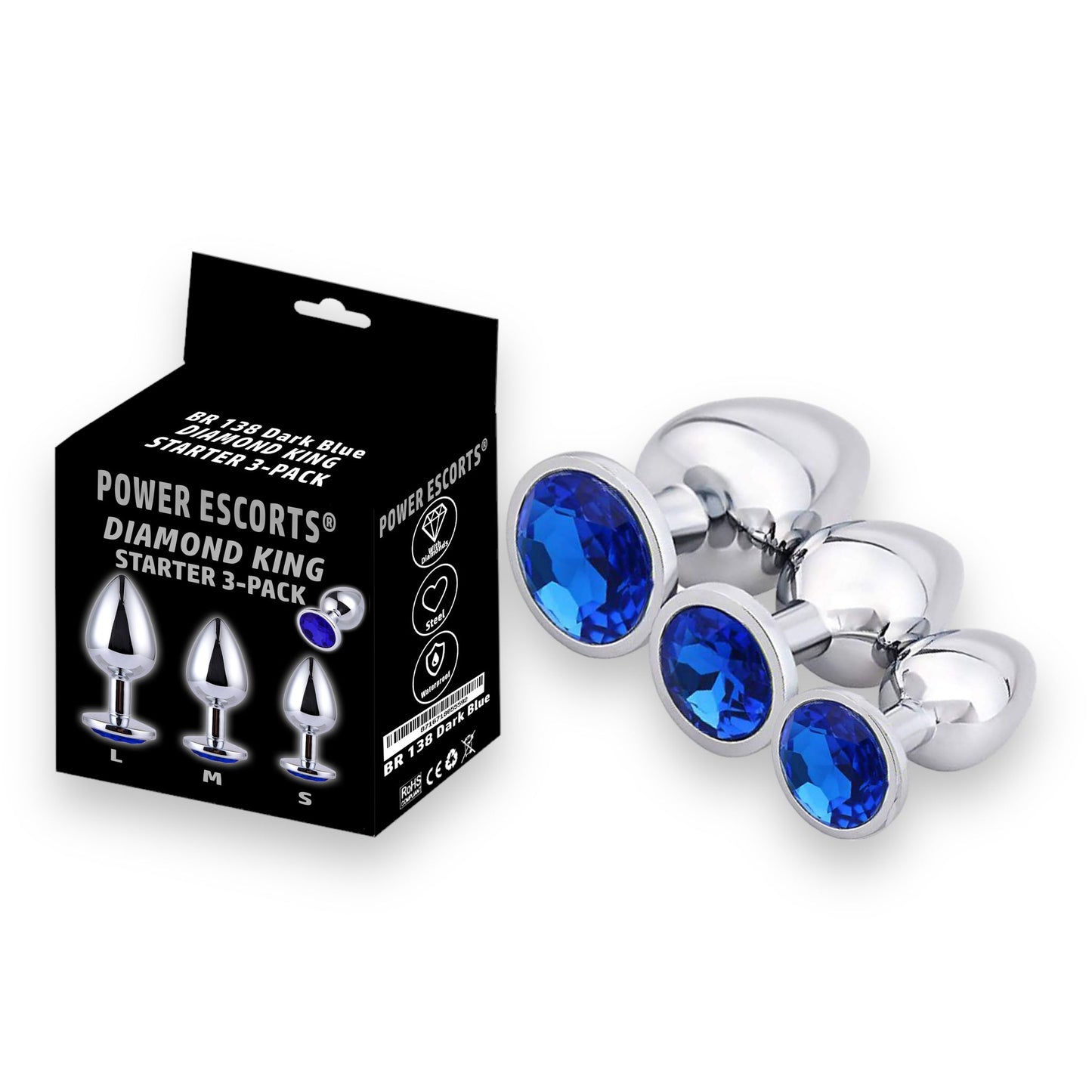 Power Escorts - BR138 - Metallic Anal Plug With Stone - 3 Pack - Colour Box- 6 Colours