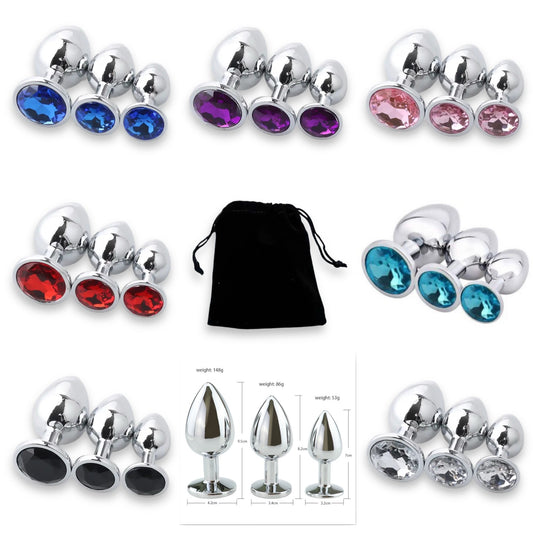 Power Escorts - BR138 - BULK - Metallic Anal Plug With Stone - 3 Pack - 6 Colours - JUST PLASTIC BAG