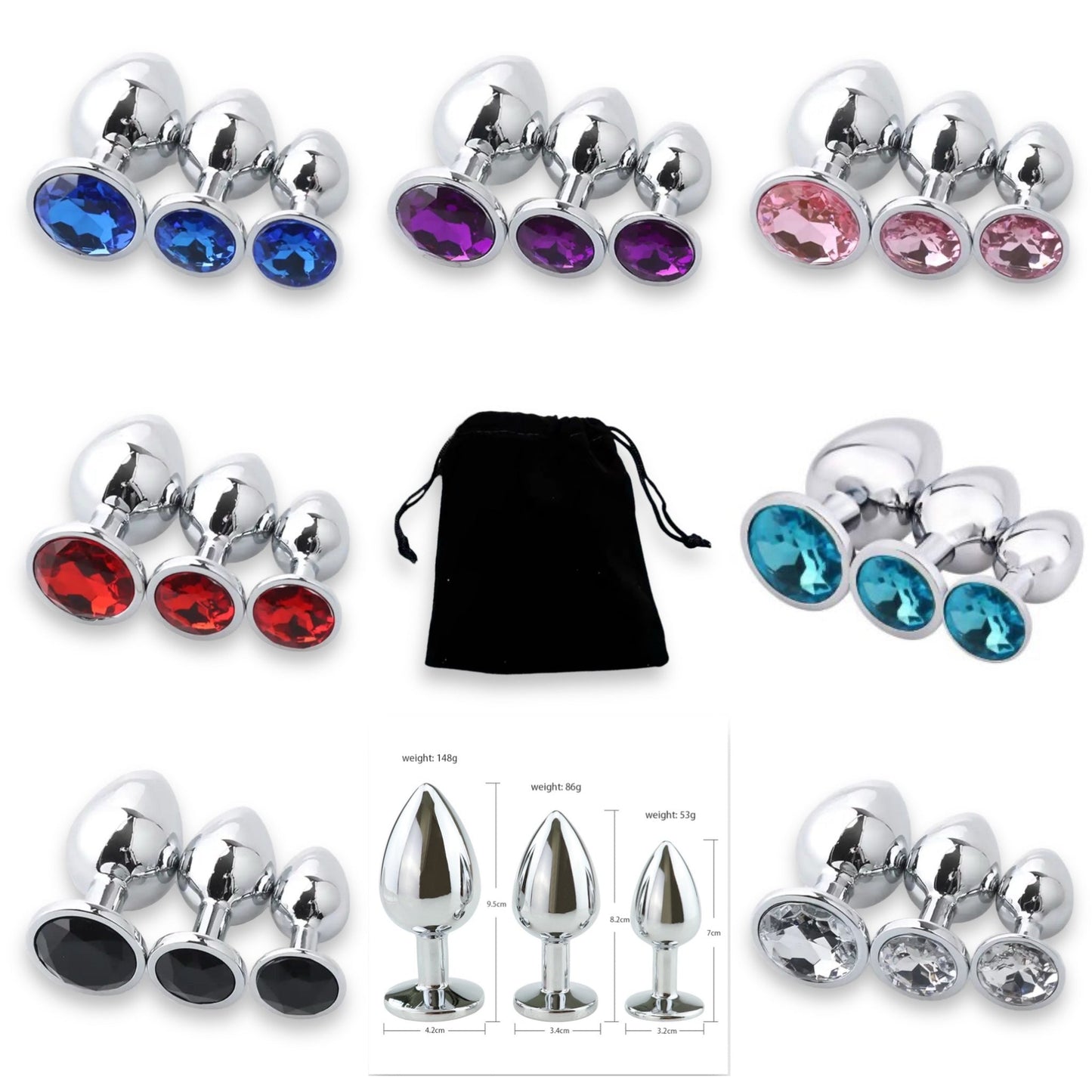 Power Escorts - BR138 - Metallic Anal Plug With Stone - 3 Pack - Colour Box- 6 Colours