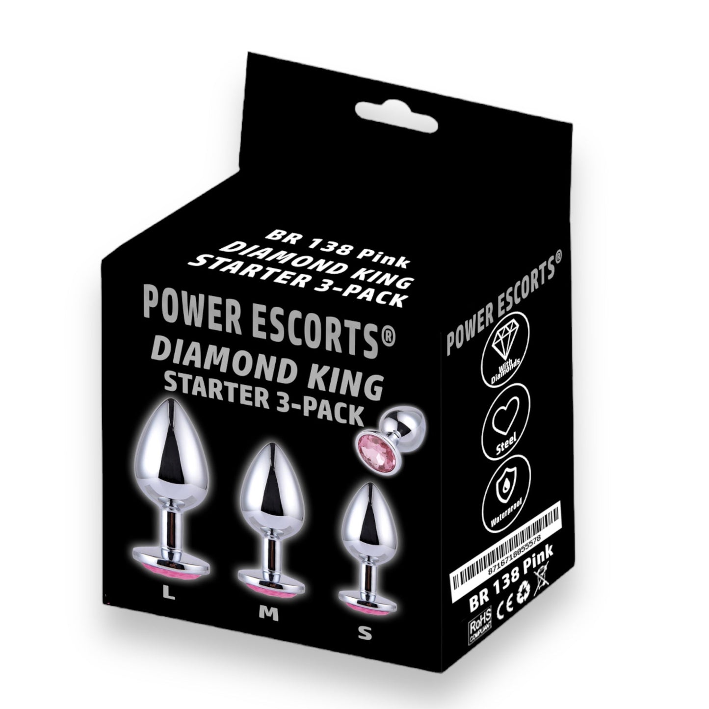 Power Escorts - BR138 - Metallic Anal Plug With Stone - 3 Pack - Colour Box- 6 Colours