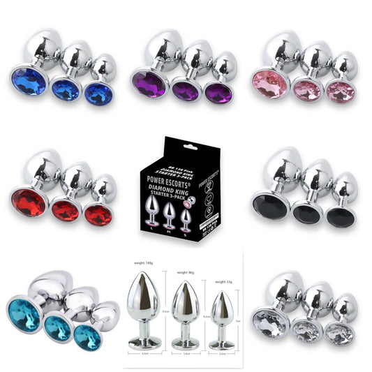 Power Escorts - BR138 - Metallic Anal Plug With Stone - 3 Pack - Colour Box- 6 Colours