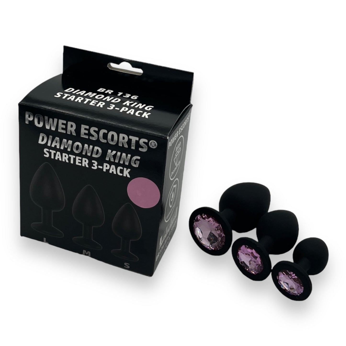 Power Escorts - BR136 -  Sillicone Anal Plug - Diamond King Black - 3-Pack - 7 Colours