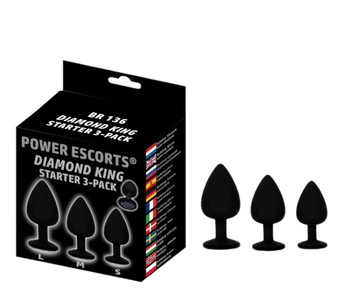 Power Escorts - BR136 -  Sillicone Anal Plug - Diamond King Black - 3-Pack - 7 Colours