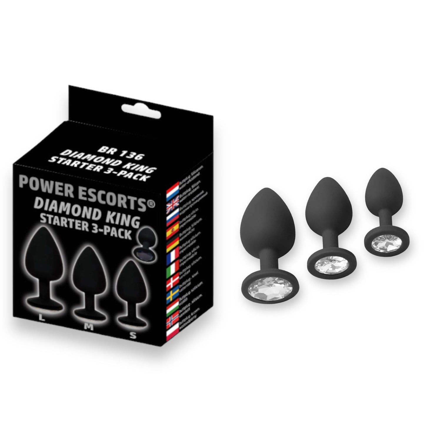 Power Escorts - BR136 -  Sillicone Anal Plug - Diamond King Black - 3-Pack - 7 Colours