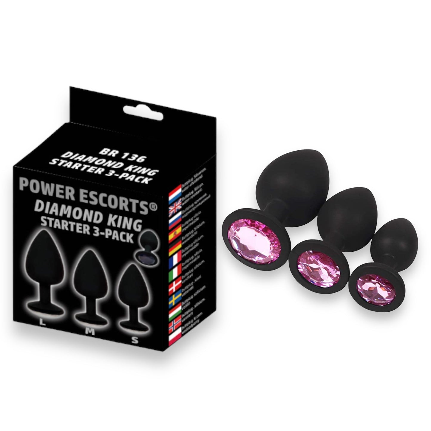 Power Escorts - BR136 -  Sillicone Anal Plug - Diamond King Black - 3-Pack - 7 Colours