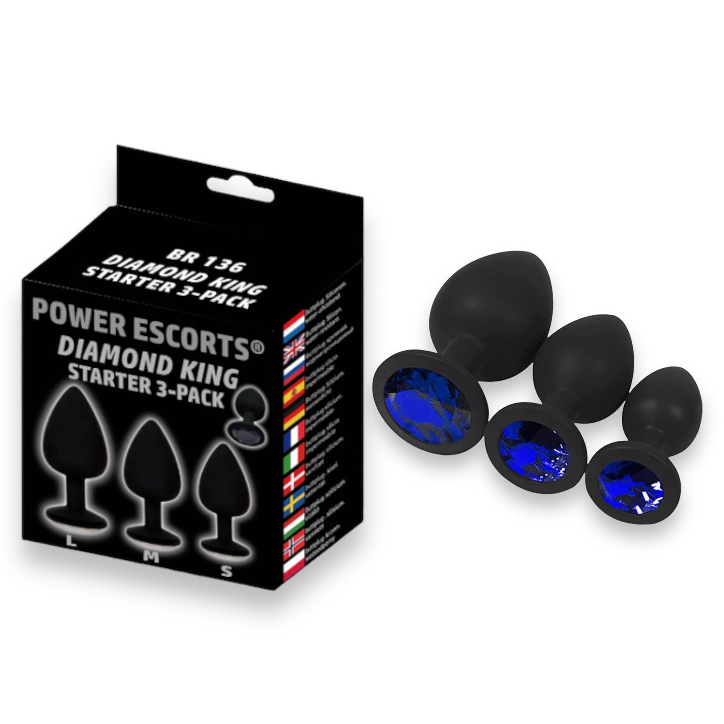 Power Escorts - BR136 -  Sillicone Anal Plug - Diamond King Black - 3-Pack - 7 Colours