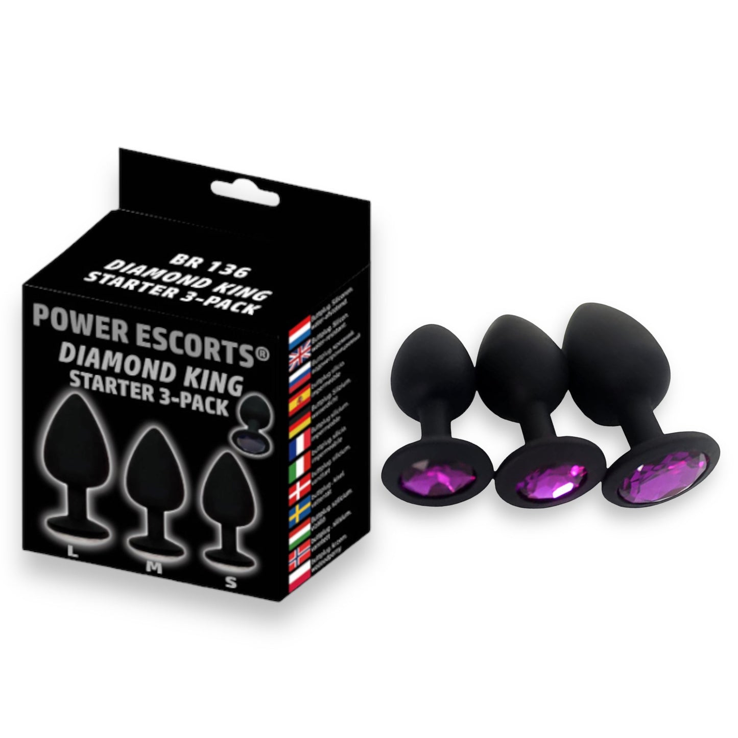 Power Escorts - BR136 -  Sillicone Anal Plug - Diamond King Black - 3-Pack - 7 Colours