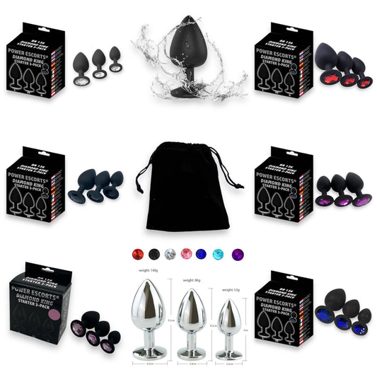 Power Escorts - BR136 -  Sillicone Anal Plug - Diamond King Black - 3-Pack - 7 Colours