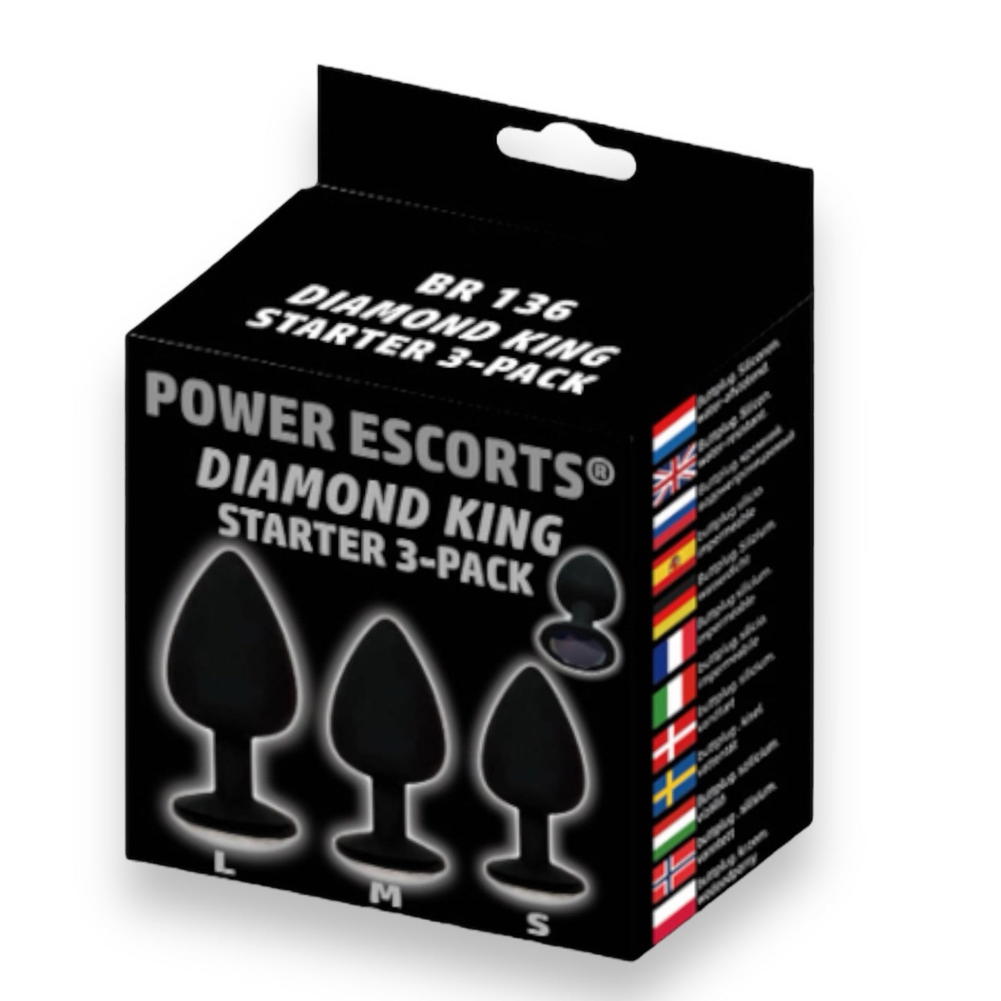 Power Escorts - BR136 -  Sillicone Anal Plug - Diamond King Black - 3-Pack - 7 Colours