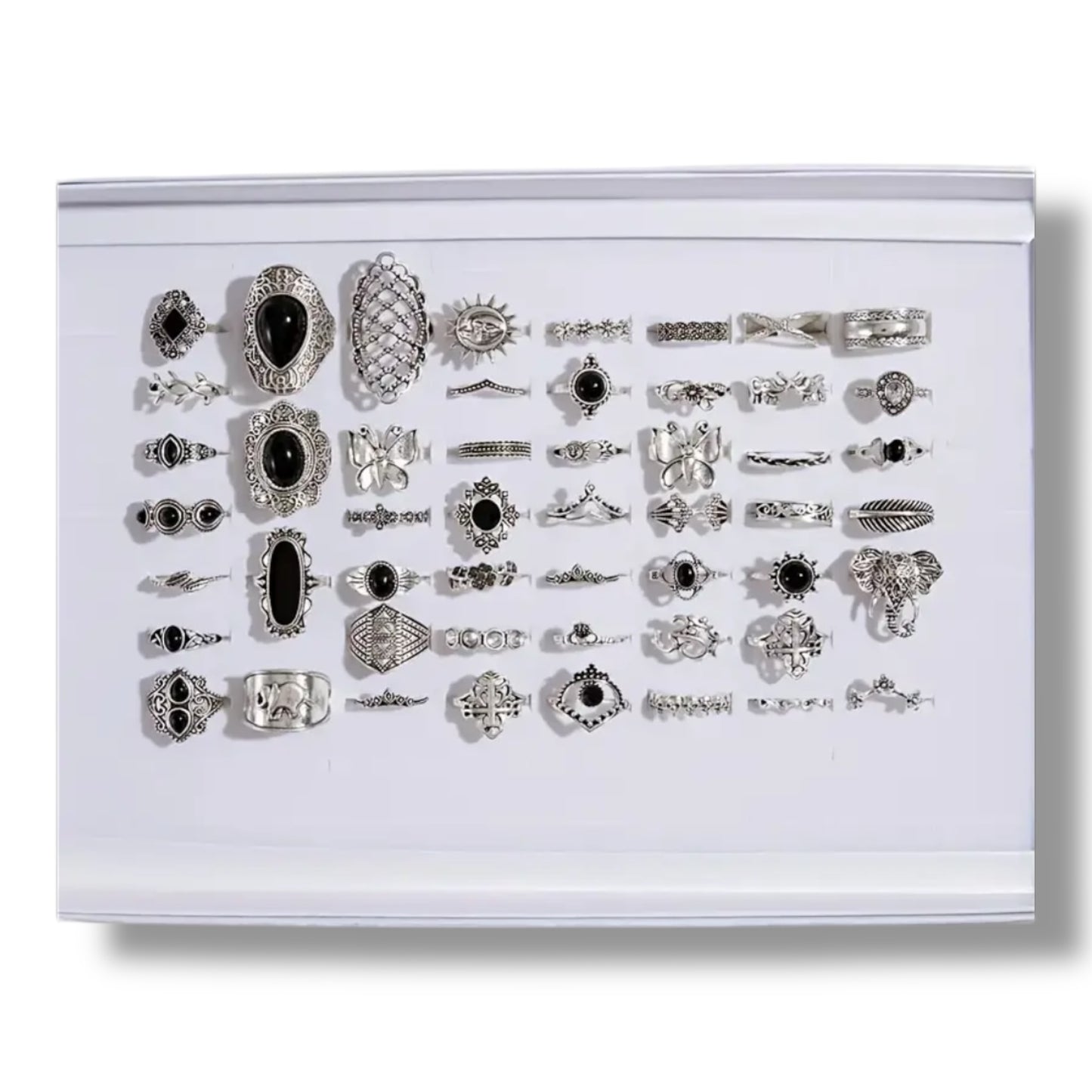 Kinky Pleasure - T172 - Ring Set Exclusive In Luxury Gift Box – 30-Piece Boho Silver & Black Collection