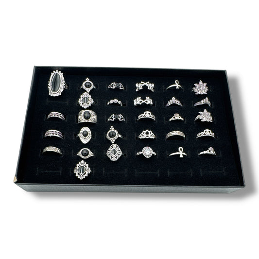 Kinky Pleasure - T172 - Ring Set Exclusive In Luxury Gift Box – 30-Piece Boho Silver & Black Collection