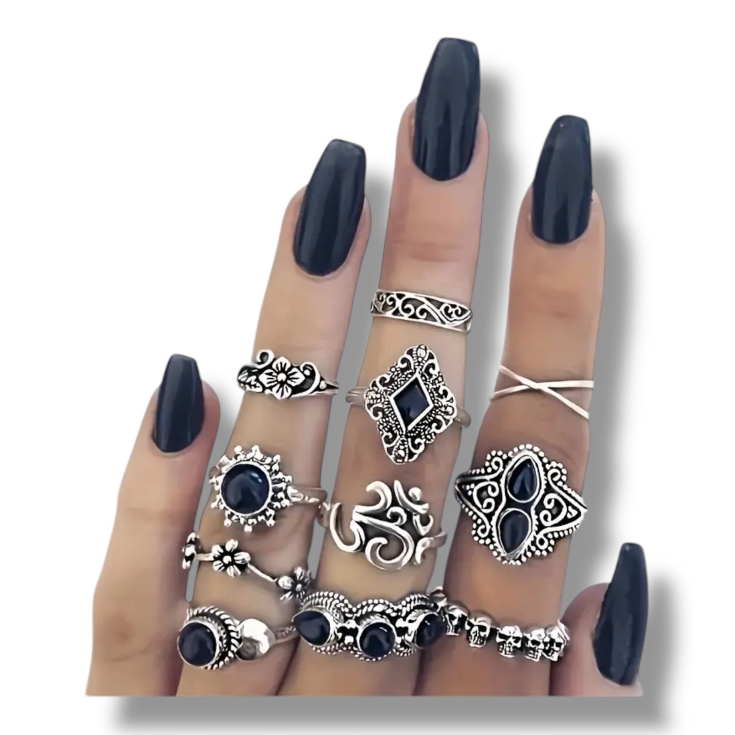 Kinky Pleasure - T172 - Ring Set Exclusive In Luxury Gift Box – 30-Piece Boho Silver & Black Collection
