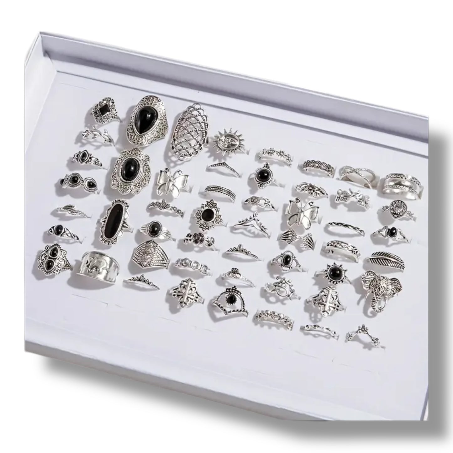 Kinky Pleasure - T172 - Ring Set Exclusive In Luxury Gift Box – 30-Piece Boho Silver & Black Collection