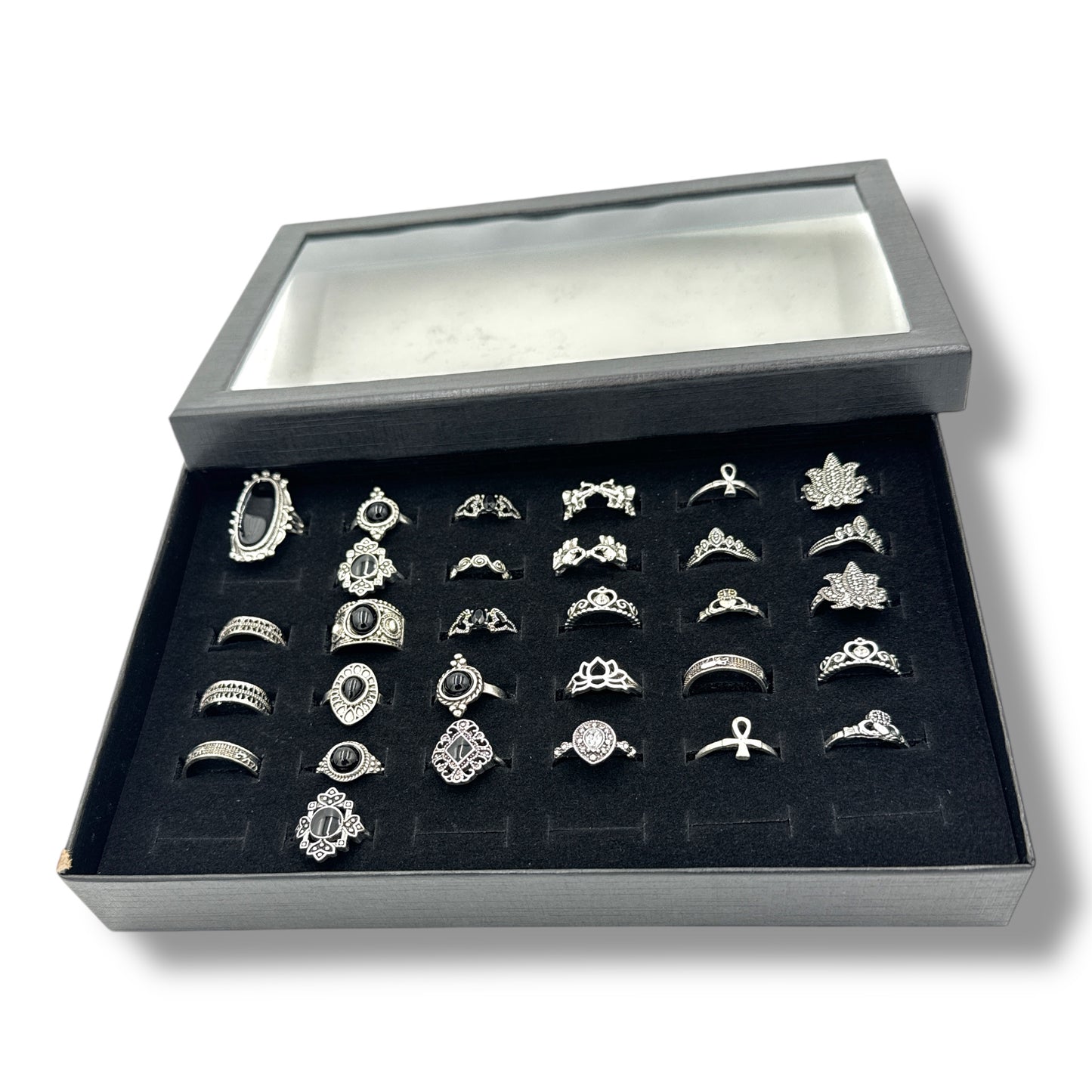 Kinky Pleasure - T172 - Ring Set Exclusive In Luxury Gift Box – 30-Piece Boho Silver & Black Collection