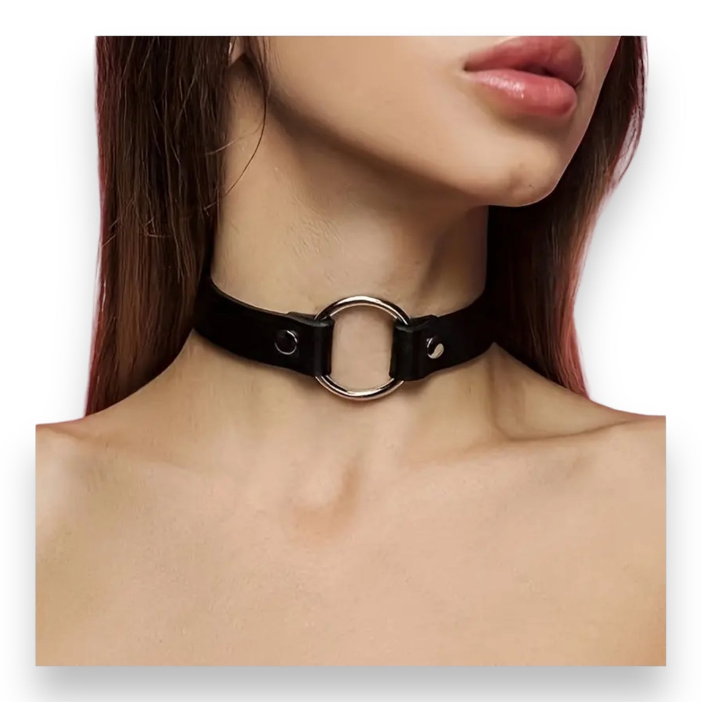 Kinky Pleasure - T079 - Choker With Round Ring - 3 Colours - 40cm