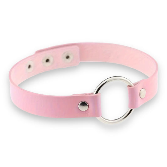 Kinky Pleasure - T079 - Choker With Round Ring - 3 Colours - 40cm