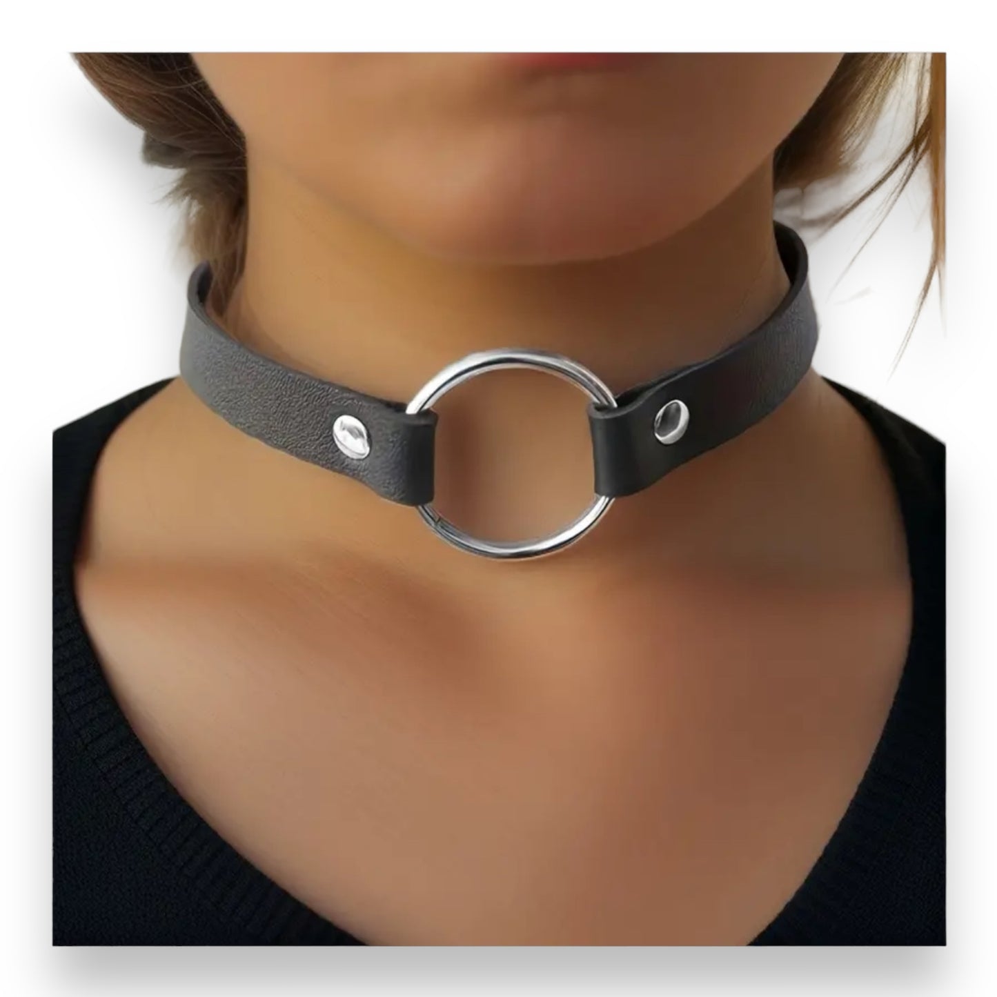 Kinky Pleasure - T079 - Choker With Round Ring - 3 Colours - 40cm