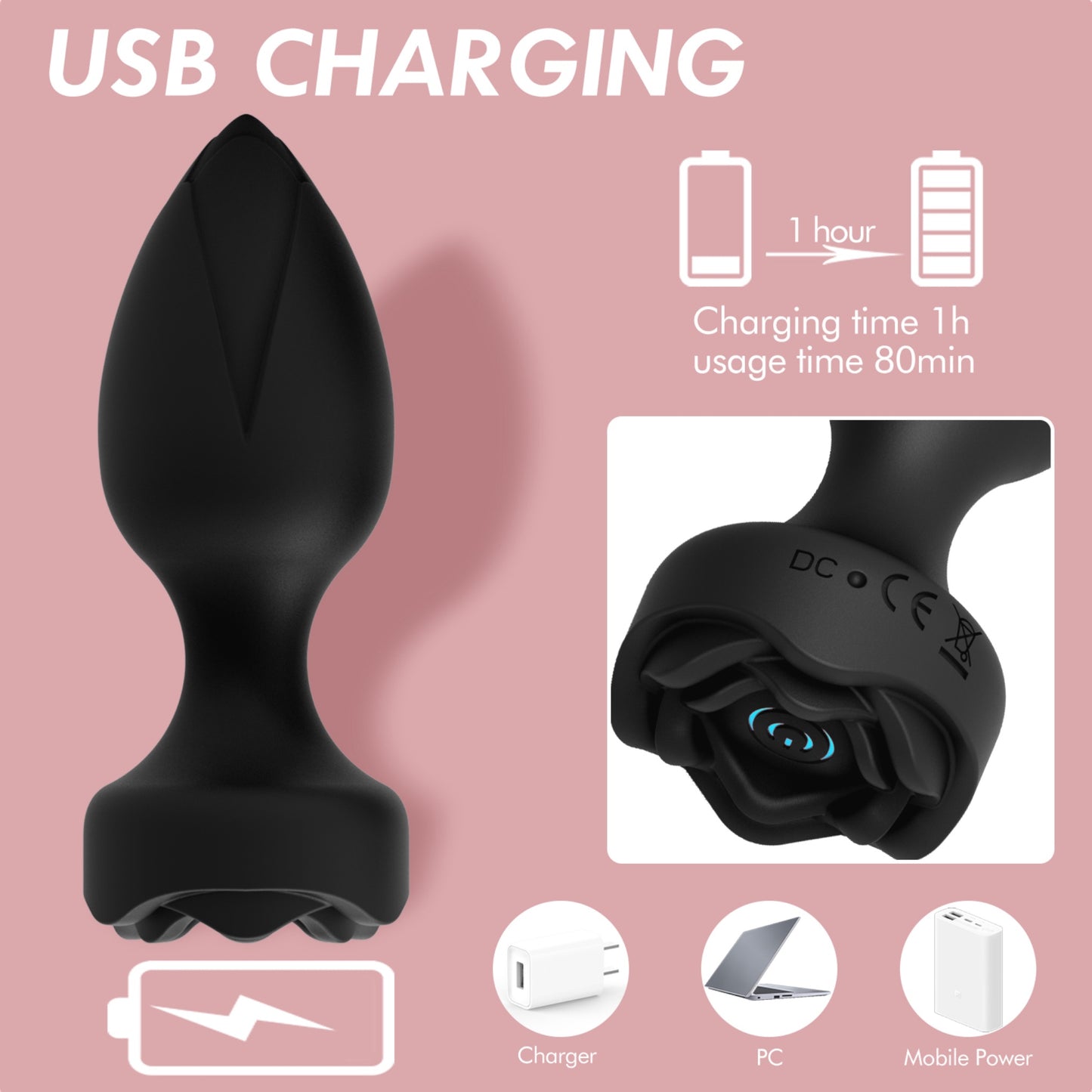 Power Escorts - BR313 - Princess Plug -  Remote Rose Design Plug - USB Rechargeable - 10 Functions - Black