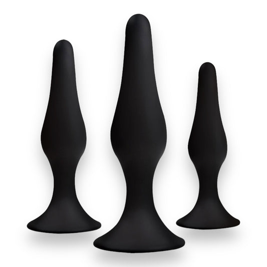 Power Escorts - BR12 - Silicone Anal Plug - 3 Pack Set - Strong Suction Cup - Black