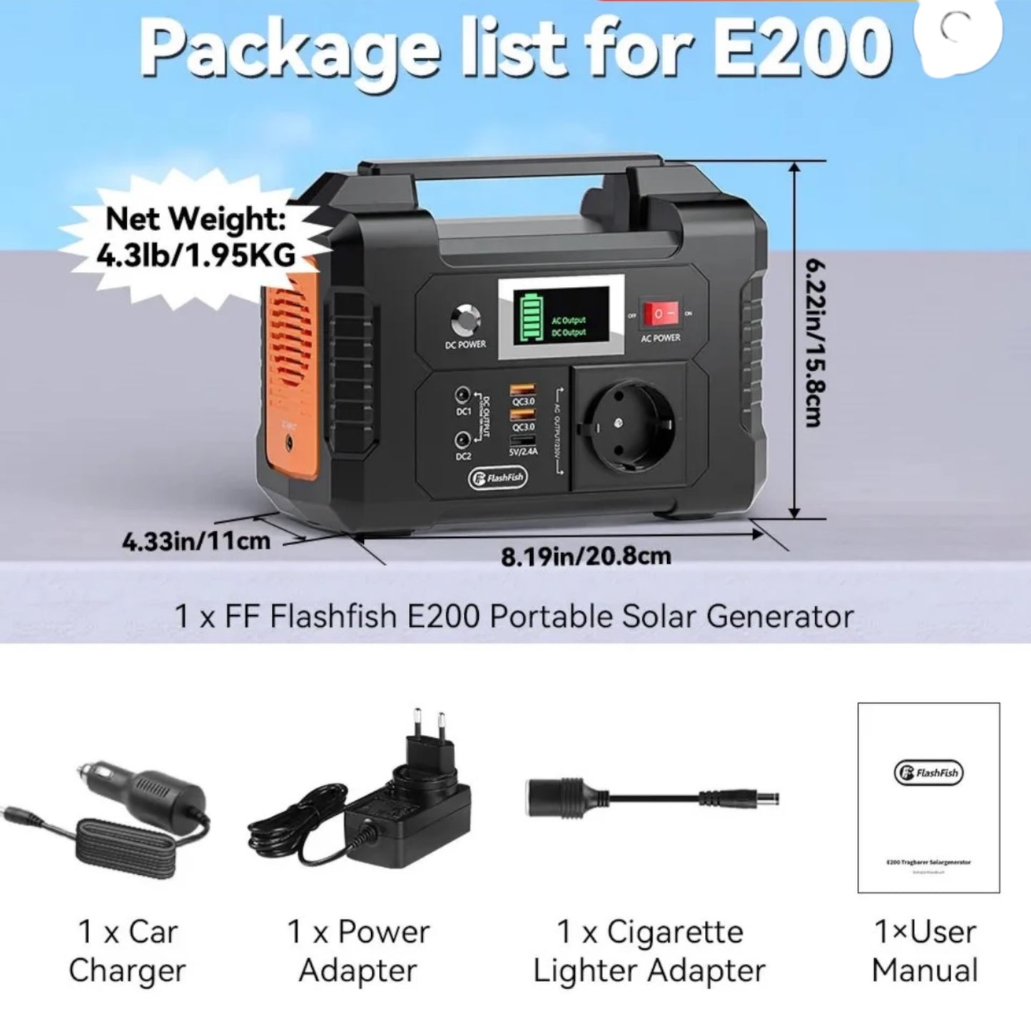 Flashfish - T199 - E200 Portable Power Station – 200W | 151Wh / 40,800mAh