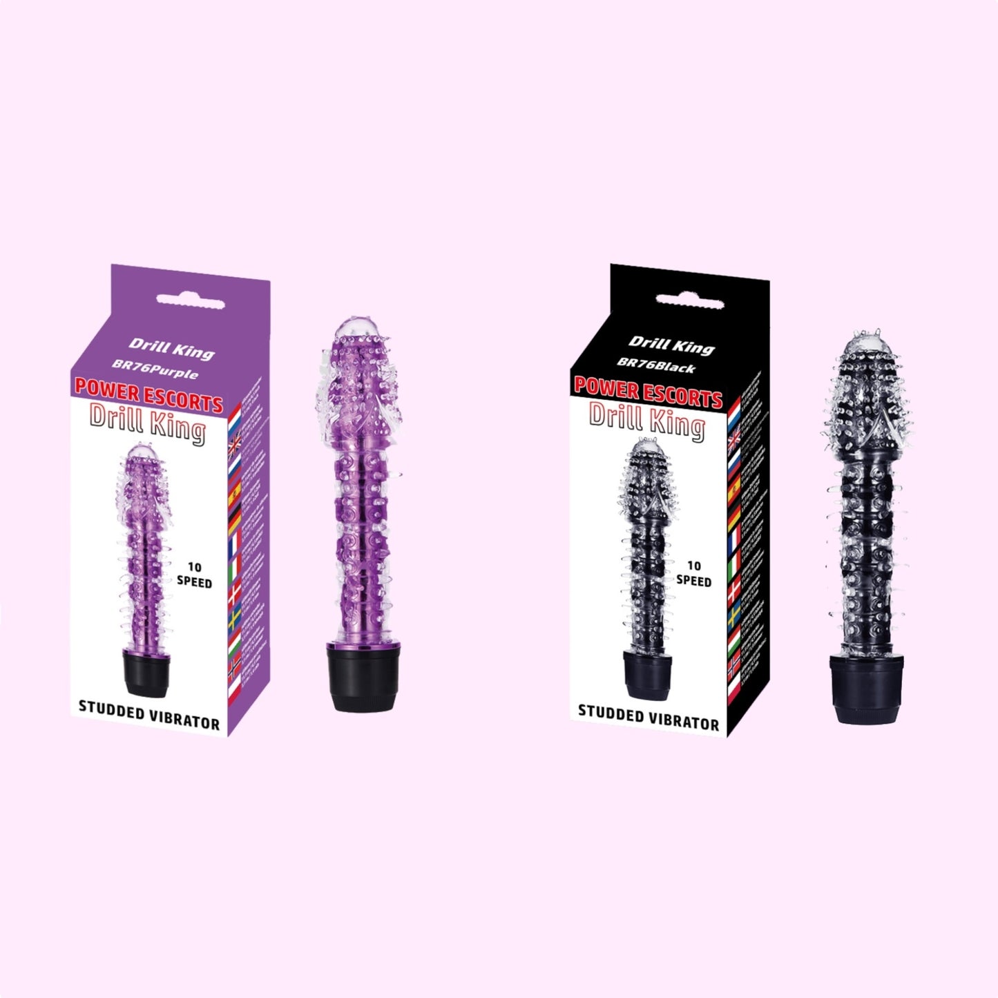 Weekdeal - Power Escorts - BR76 - Drill King - Studded Vibrator - 5x purple 5x black - Bundle of 10 for €20,-