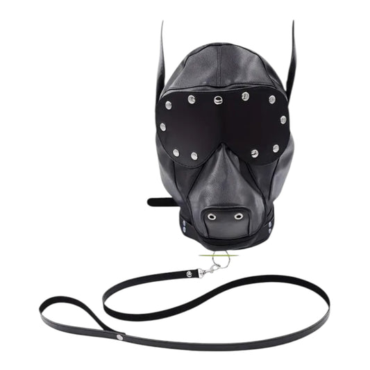 Kinky Pleasure - T227 - Puppy Play - Dog Mask With Leash – Black – Deluxe