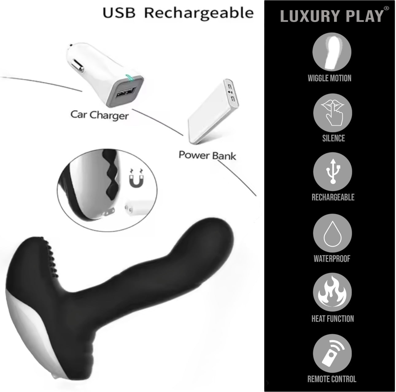 Luxury Play - LP06 - Prostate Stimulator - Silicone Usb Massager -  7 Function - Pulsator - Heating - Black