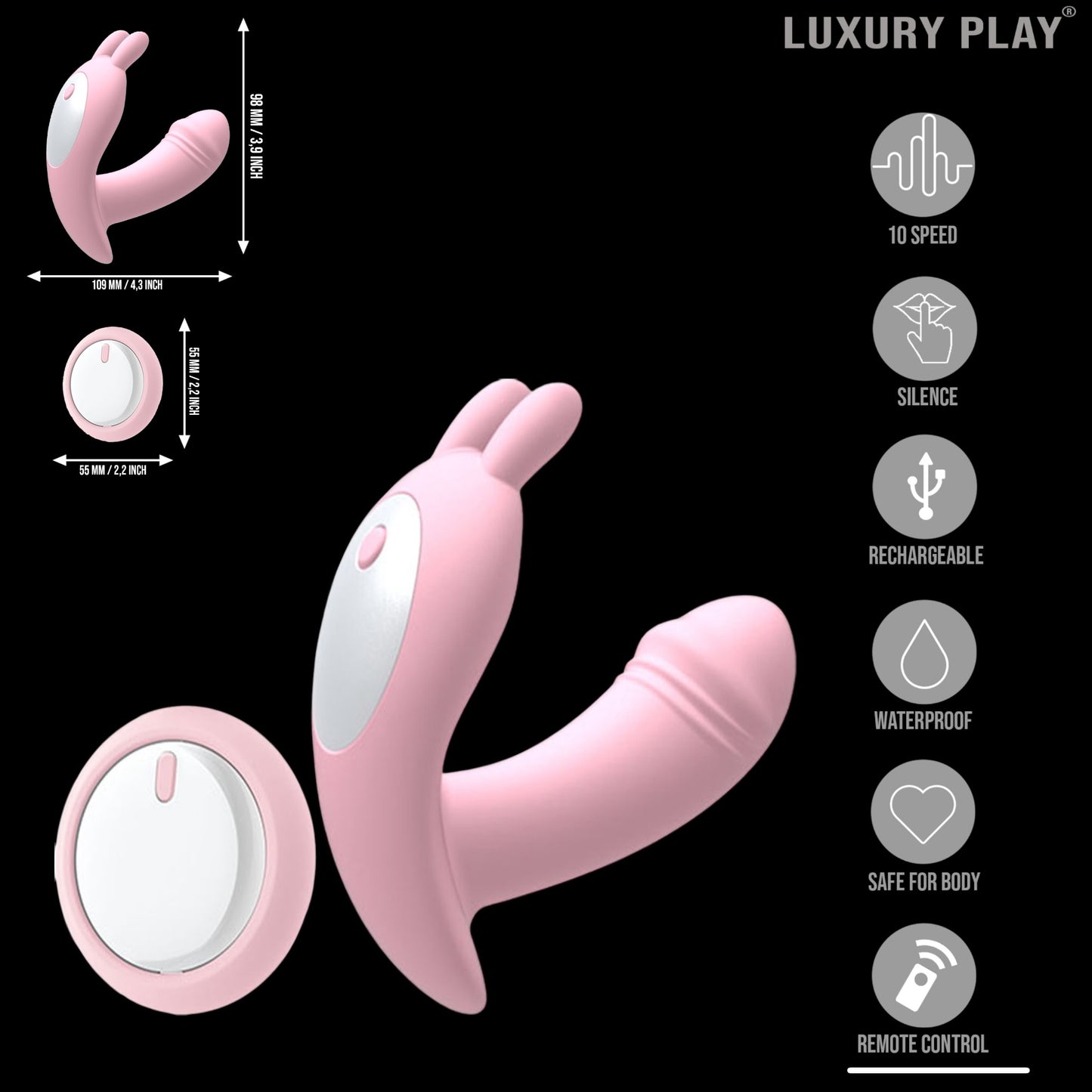 Luxury Play - LP02 - Panty Vibrator - 10 Speed - easy remote control - Rechargeable - Sexy G spot & Clit Vibrator - Trendy Pink - Silicone - low noise less than 40 db - Luxury Colourbox