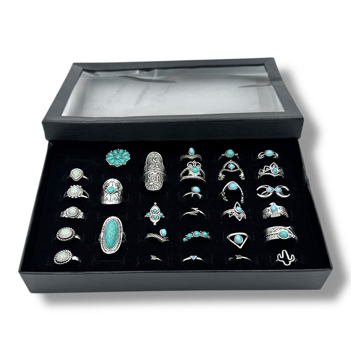 Kinky Pleasure - T171 - Ring Set Exclusive In Luxury Gift Box – 30-Piece Boho Silver & Turquoise Collection