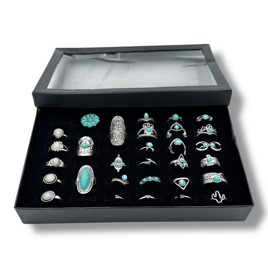 Kinky Pleasure - T171 - Ring Set Exclusive In Luxury Gift Box – 30-Piece Boho Silver & Turquoise Collection