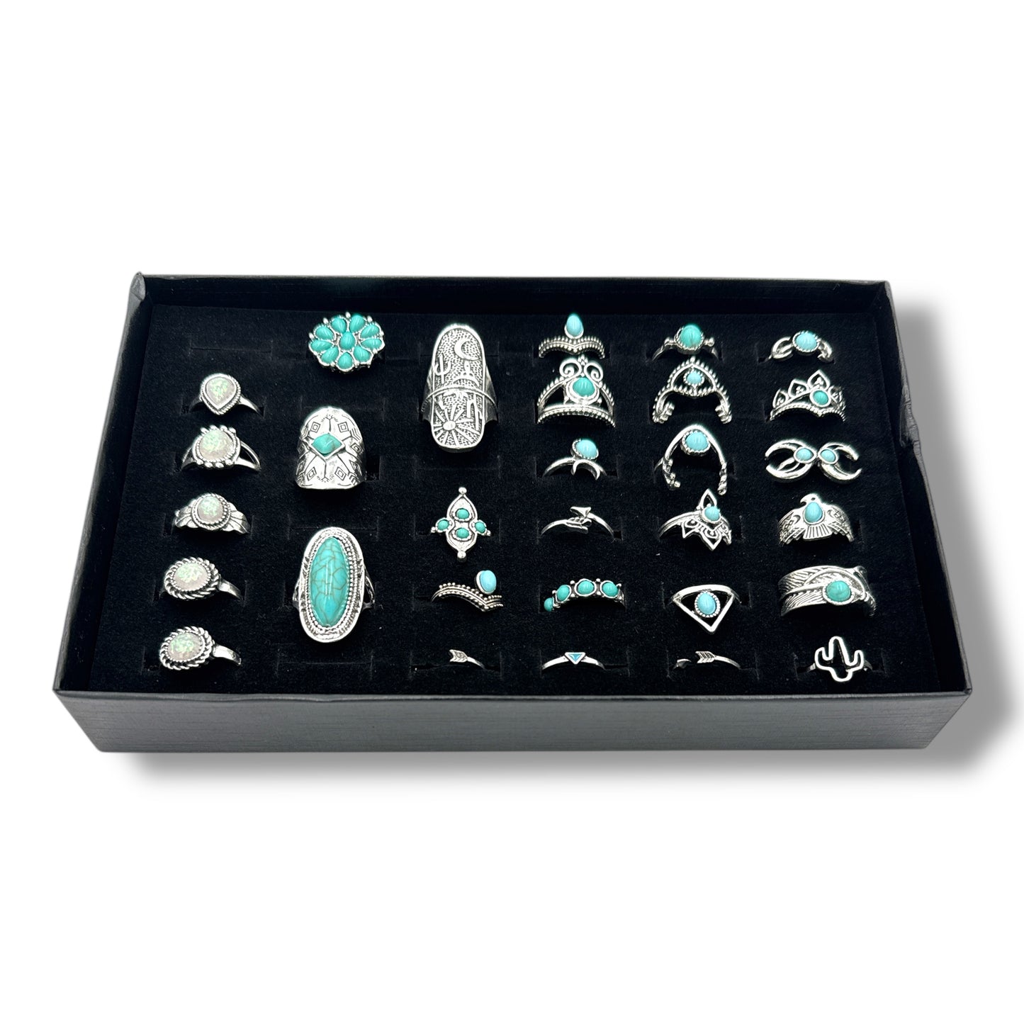 Kinky Pleasure - T171 - Ring Set Exclusive In Luxury Gift Box – 30-Piece Boho Silver & Turquoise Collection