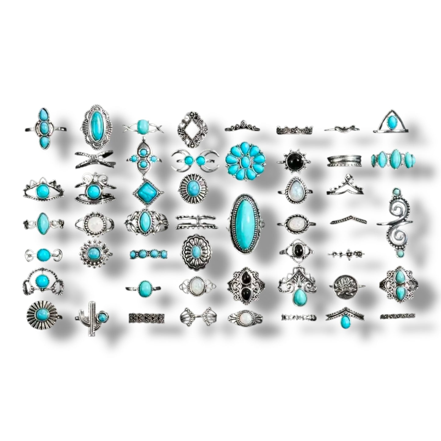 Kinky Pleasure - T171 - Ring Set Exclusive In Luxury Gift Box – 30-Piece Boho Silver & Turquoise Collection