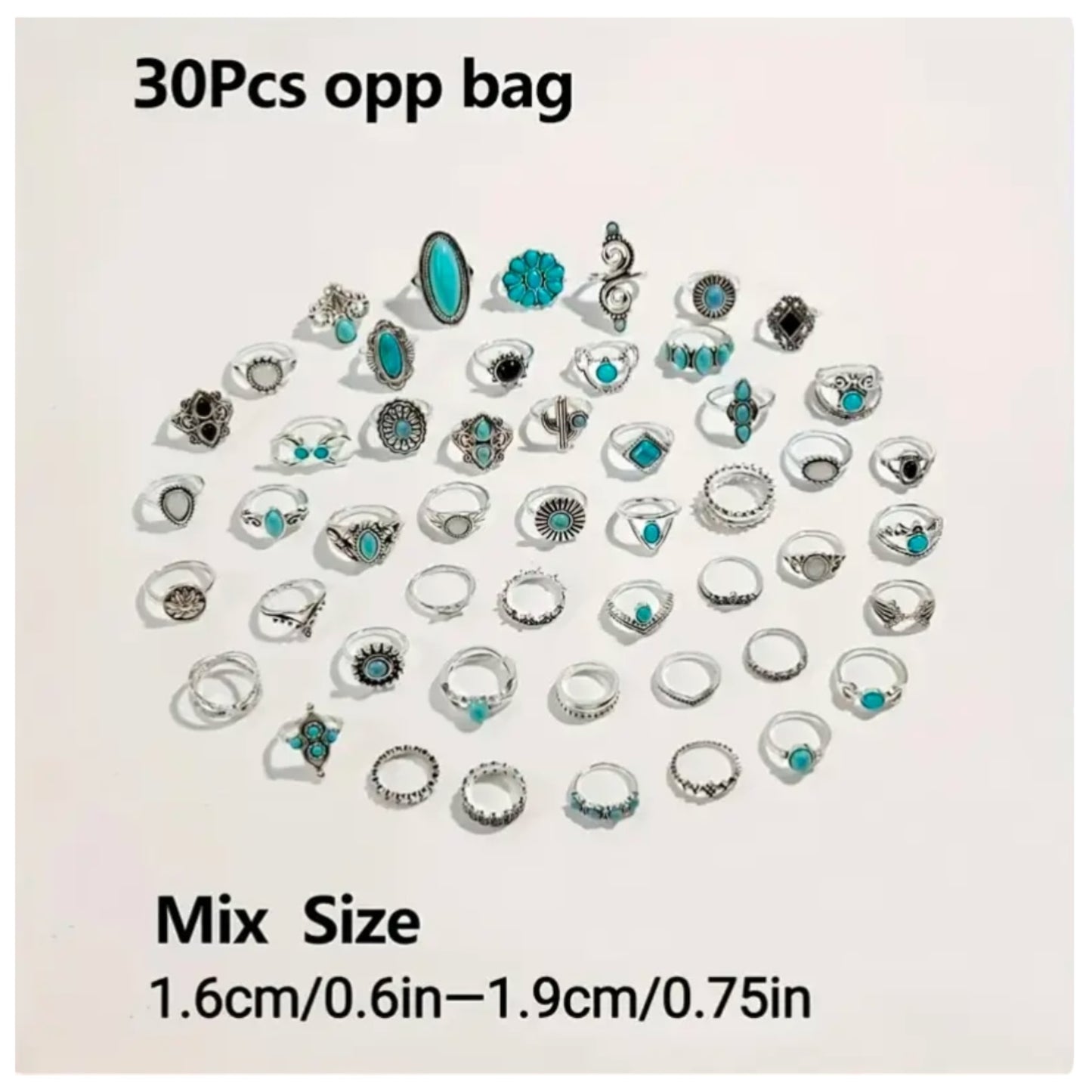 Kinky Pleasure - T171 - Ring Set Exclusive In Luxury Gift Box – 30-Piece Boho Silver & Turquoise Collection