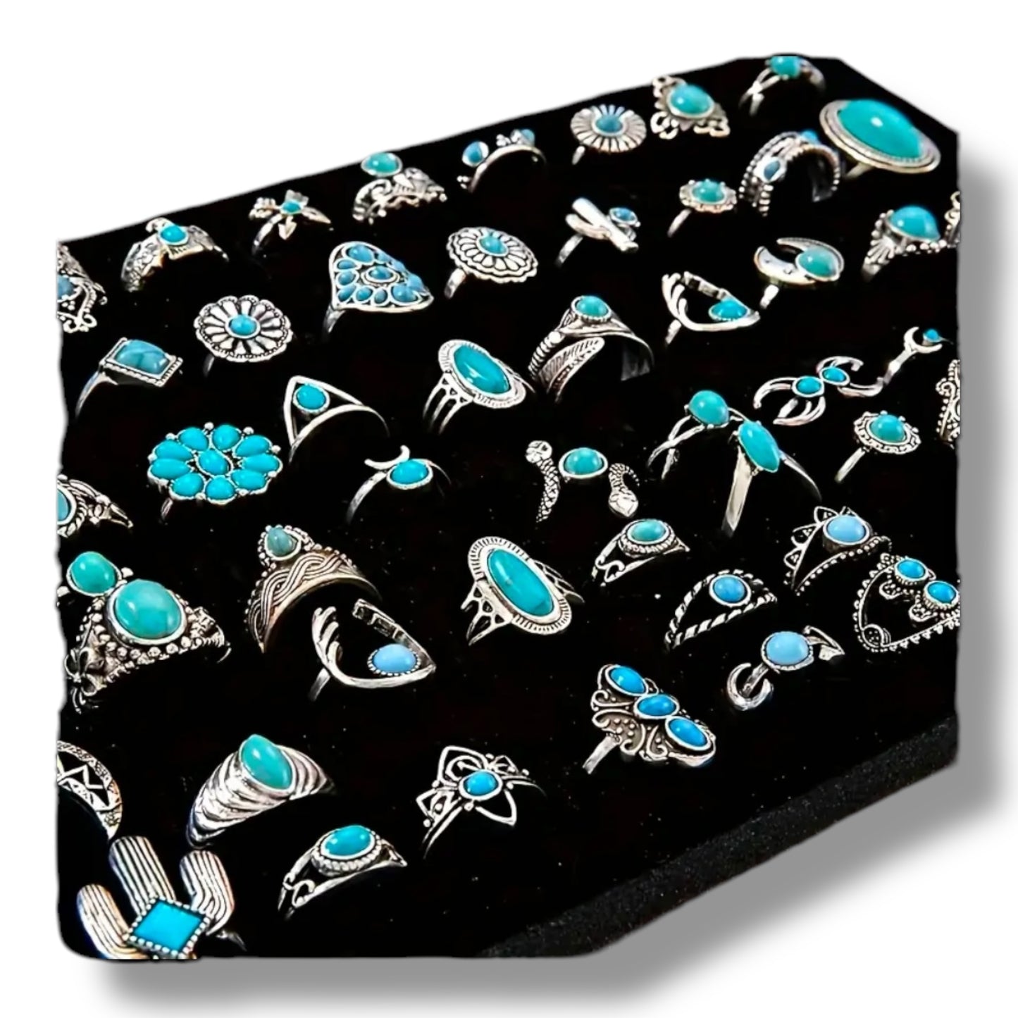 Kinky Pleasure - T171 - Ring Set Exclusive In Luxury Gift Box – 30-Piece Boho Silver & Turquoise Collection