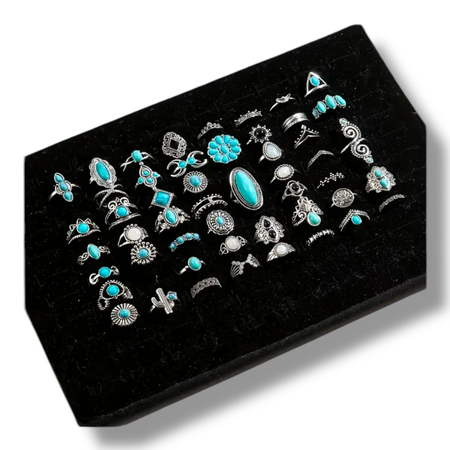 Kinky Pleasure - T171 - Ring Set Exclusive In Luxury Gift Box – 30-Piece Boho Silver & Turquoise Collection