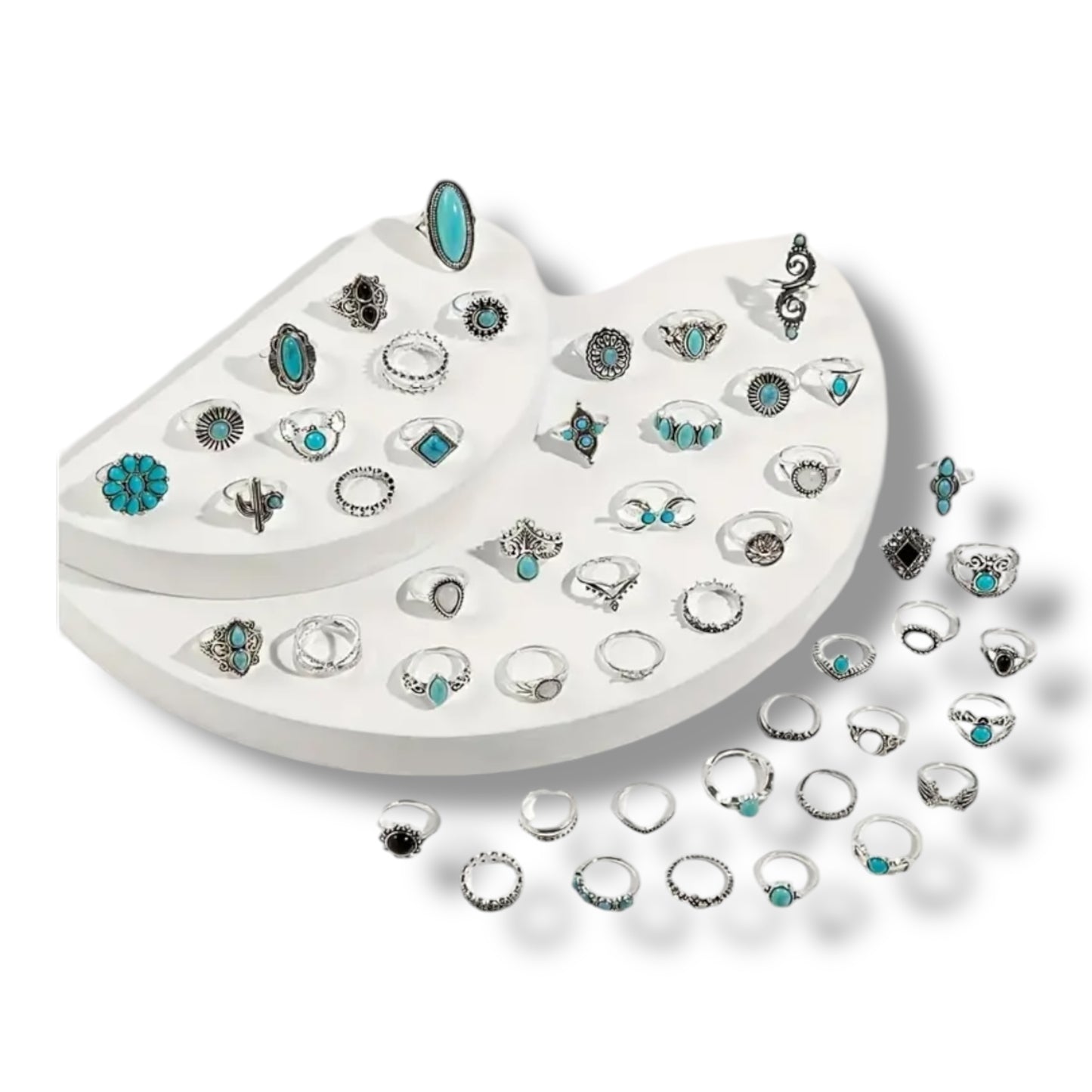 Kinky Pleasure - T171 - Ring Set Exclusive In Luxury Gift Box – 30-Piece Boho Silver & Turquoise Collection